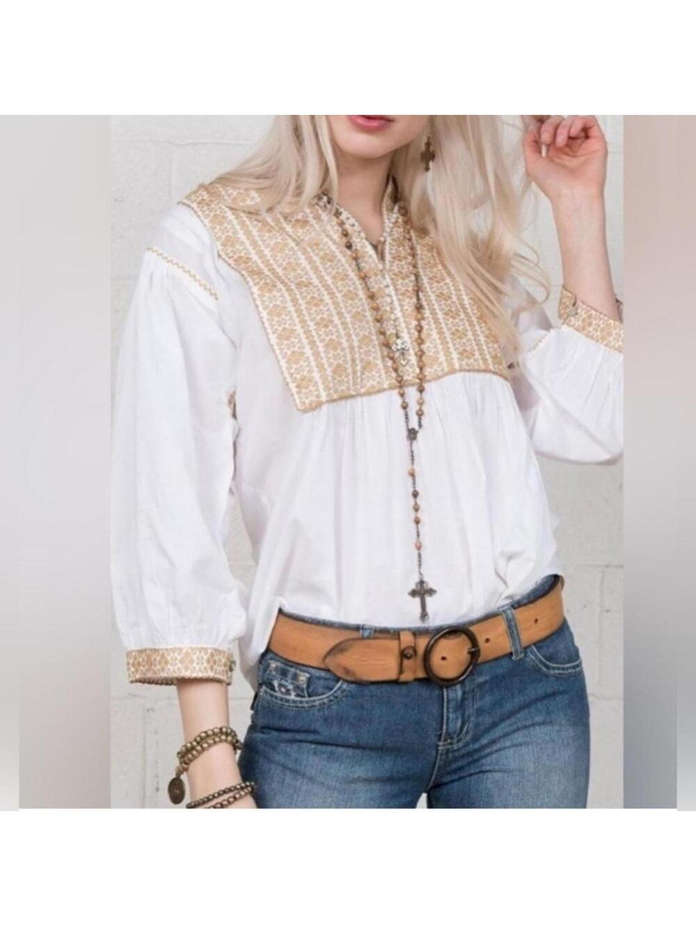 Sister Mary Embroidered Balloon Sleeves Pleated Boho White Cotton Blouse Size L